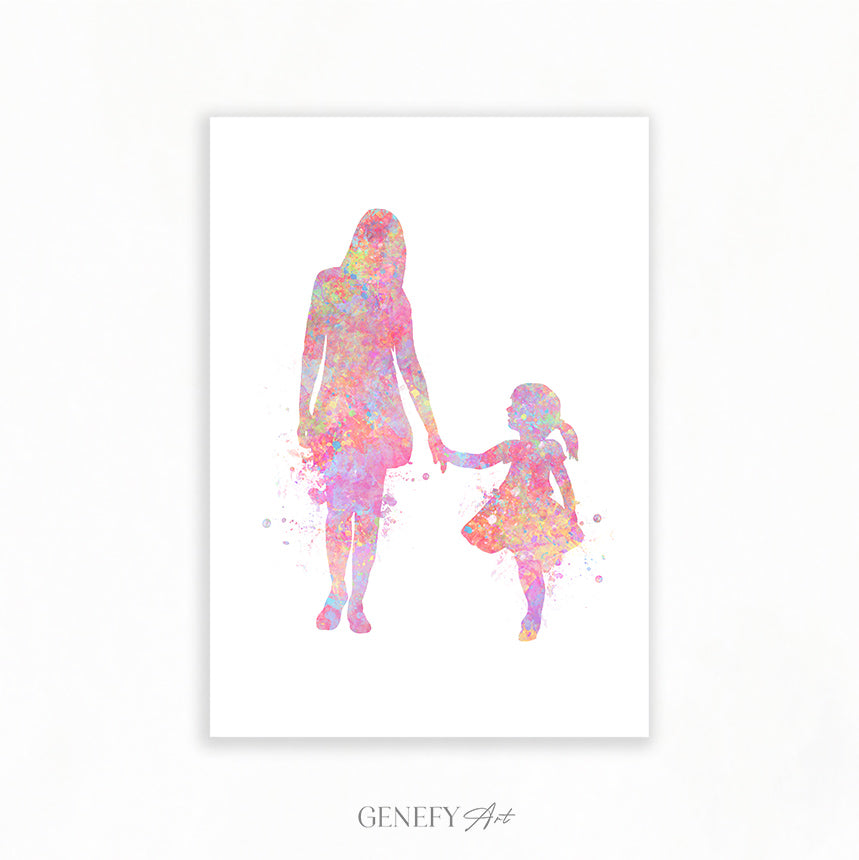 Mother and Daughter Holding Hands Watercolour Art Print