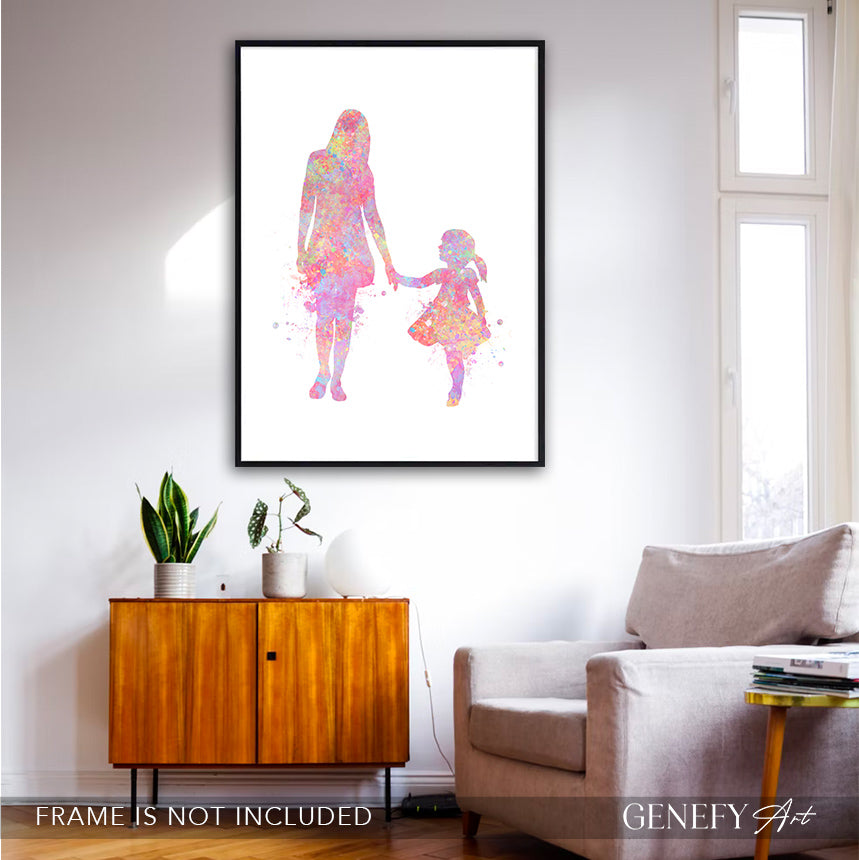 Mother and Daughter Holding Hands Watercolour Art Print