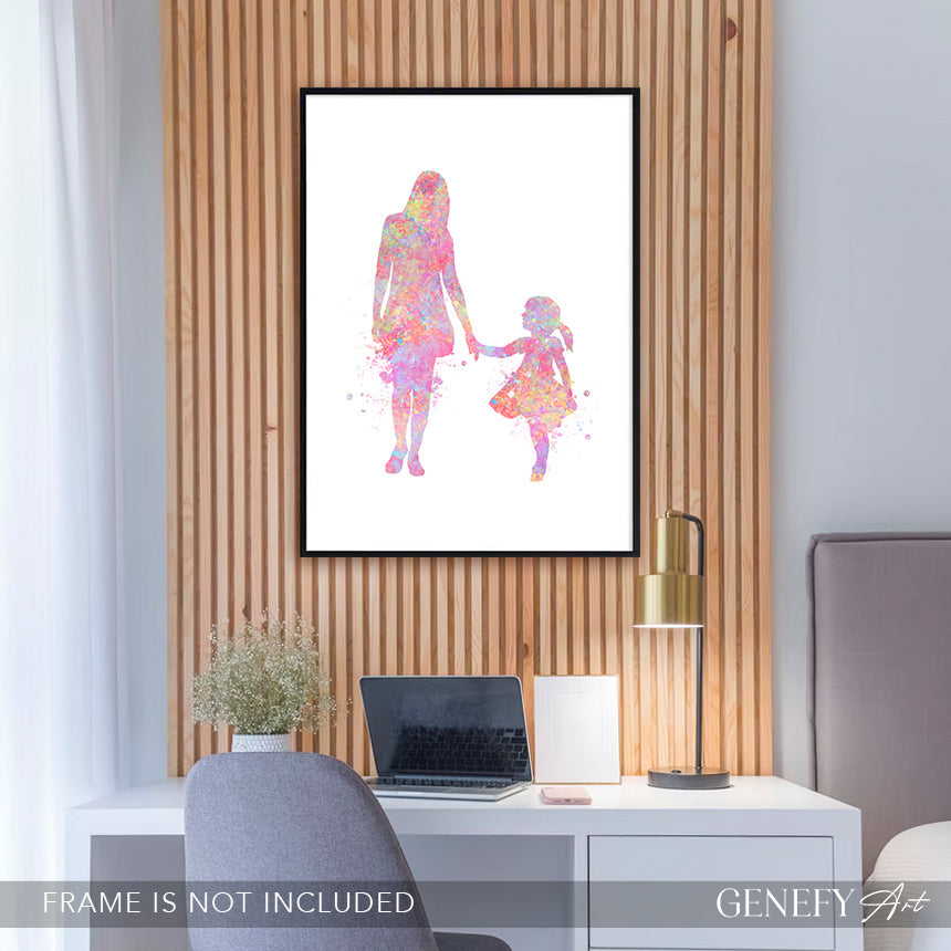 Mother and Daughter Holding Hands Watercolour Art Print