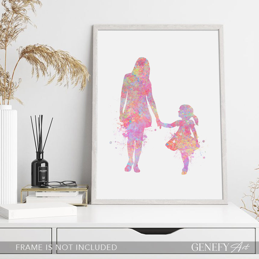 Mother and Daughter Holding Hands Watercolour Art Print