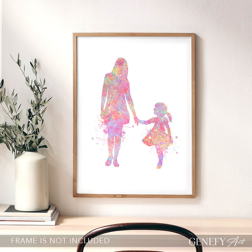 Mother and Daughter Holding Hands Watercolour Art Print