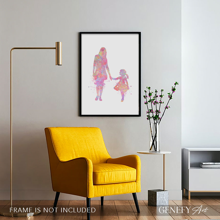 Mother and Daughter Holding Hands Watercolour Art Print