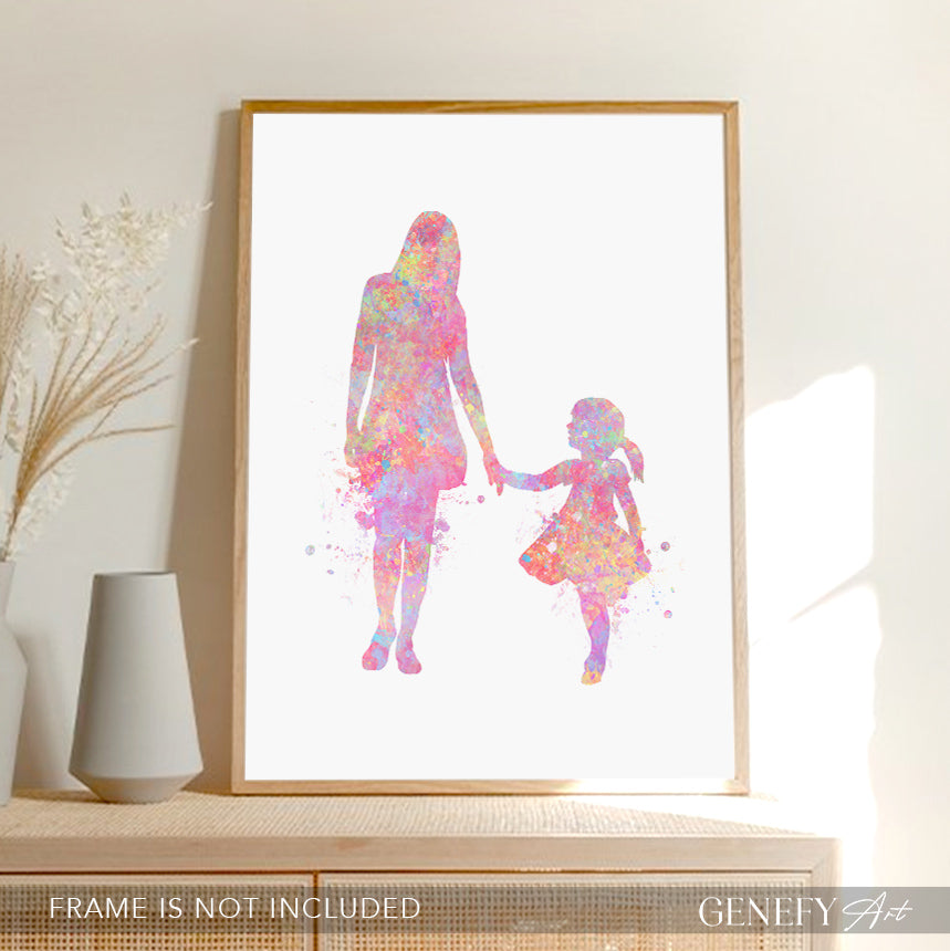 Mother and Daughter Holding Hands Watercolour Art Print