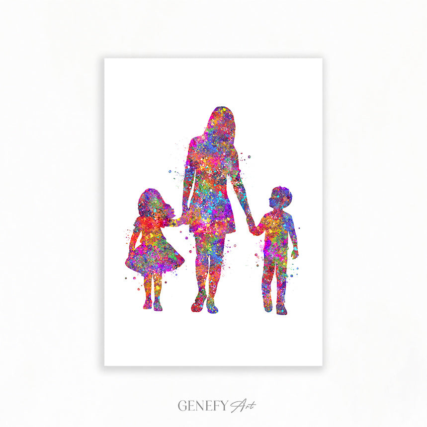 Mother Son and Daughter Watercolour Art Print