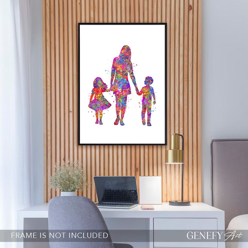 Mother Son and Daughter Watercolour Art Print