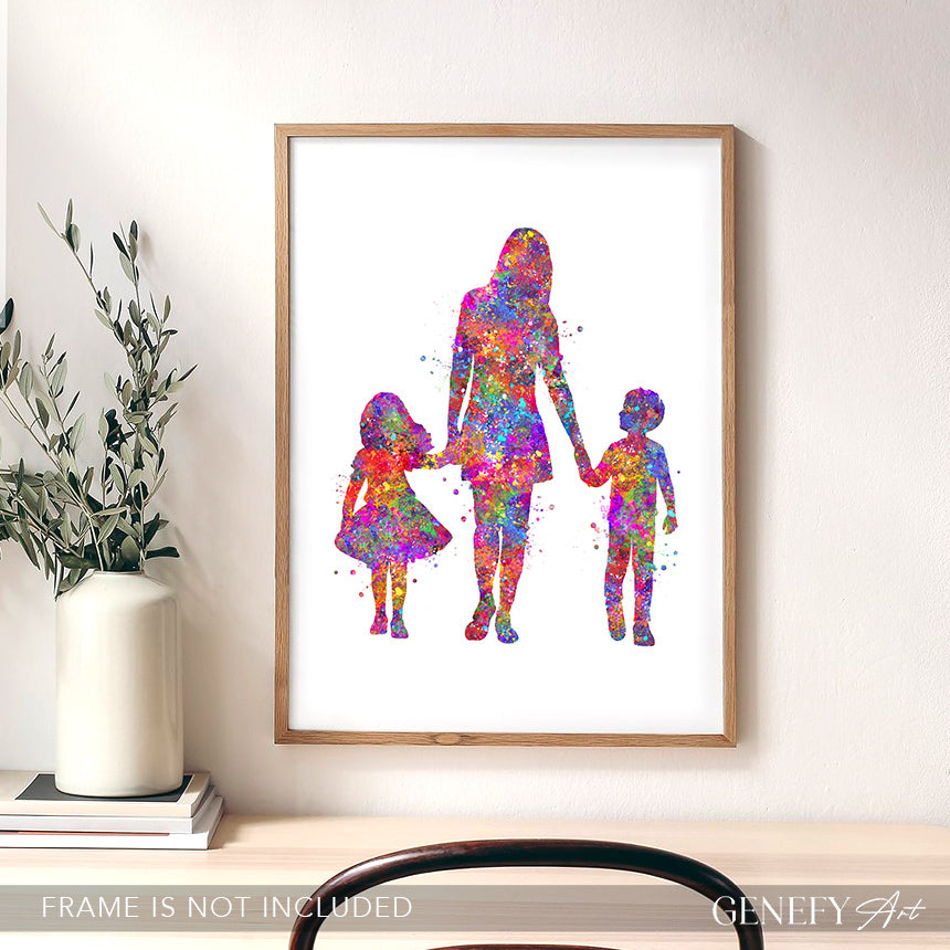Mother Son and Daughter Watercolour Art Print