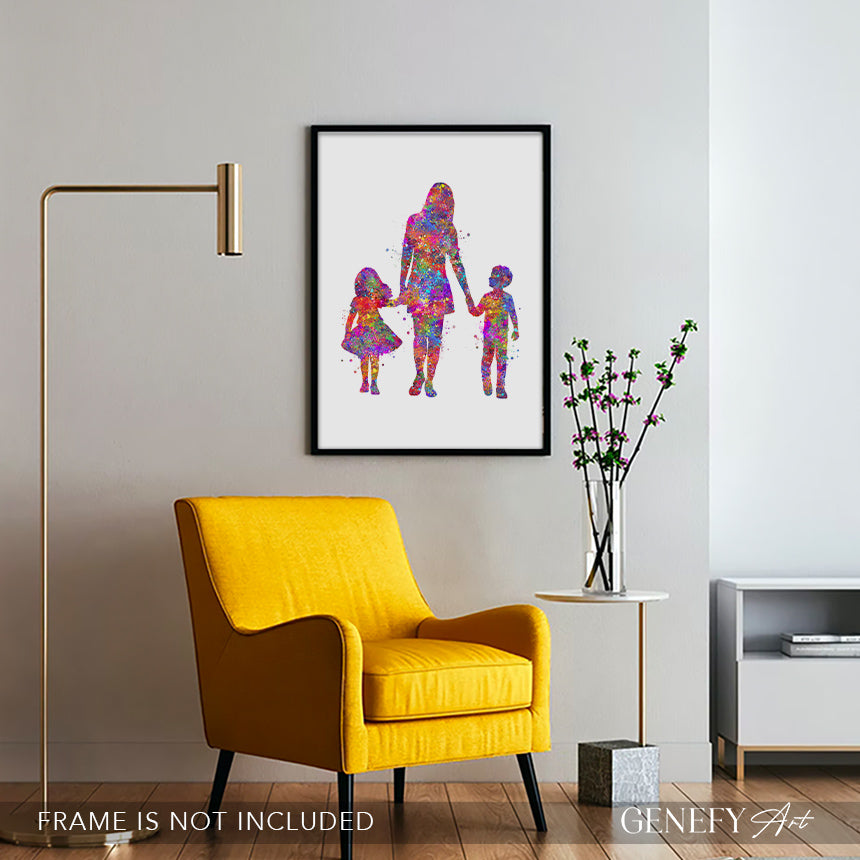 Mother Son and Daughter Watercolour Art Print