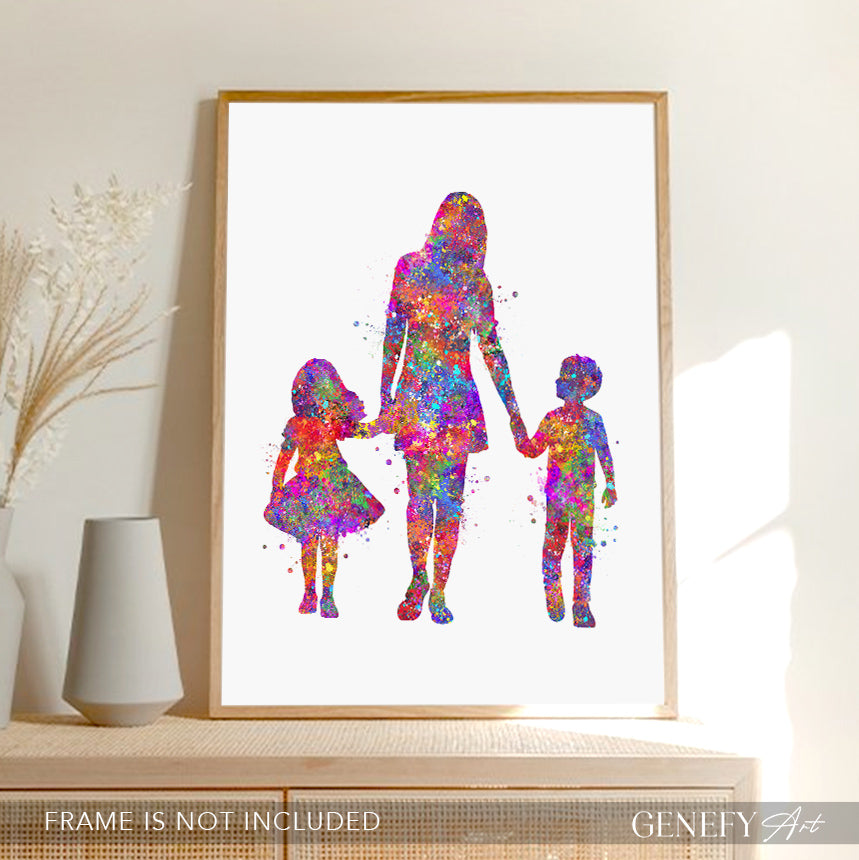 Mother Son and Daughter Watercolour Art Print