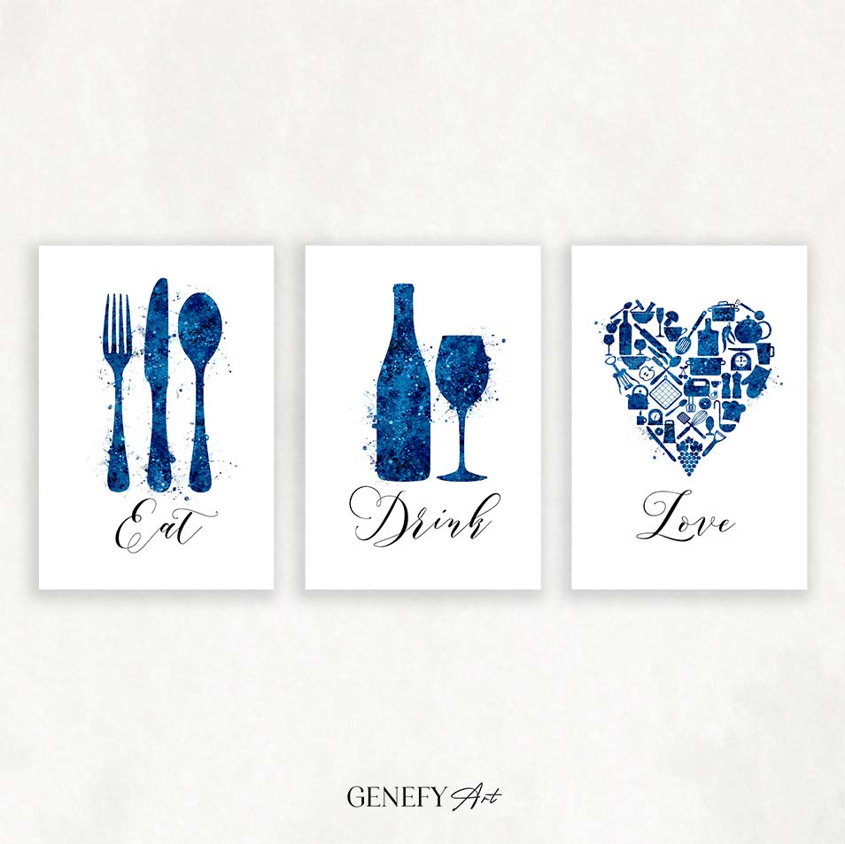 Kitchen Navy Blue Watercolour Print - Set of 3
