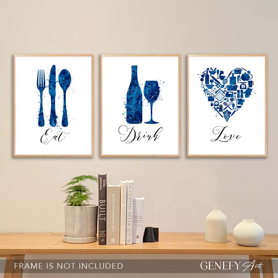 Kitchen Navy Blue Watercolour Print - Set of 3