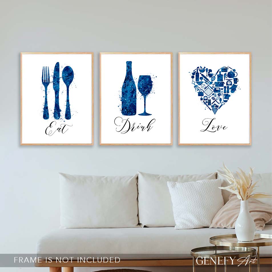 Kitchen Navy Blue Watercolour Print - Set of 3