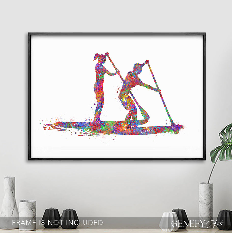 Paddleboarding Couple Watercolor Art Print