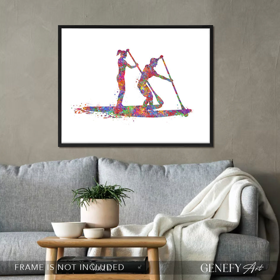 Paddleboarding Couple Watercolor Art Print