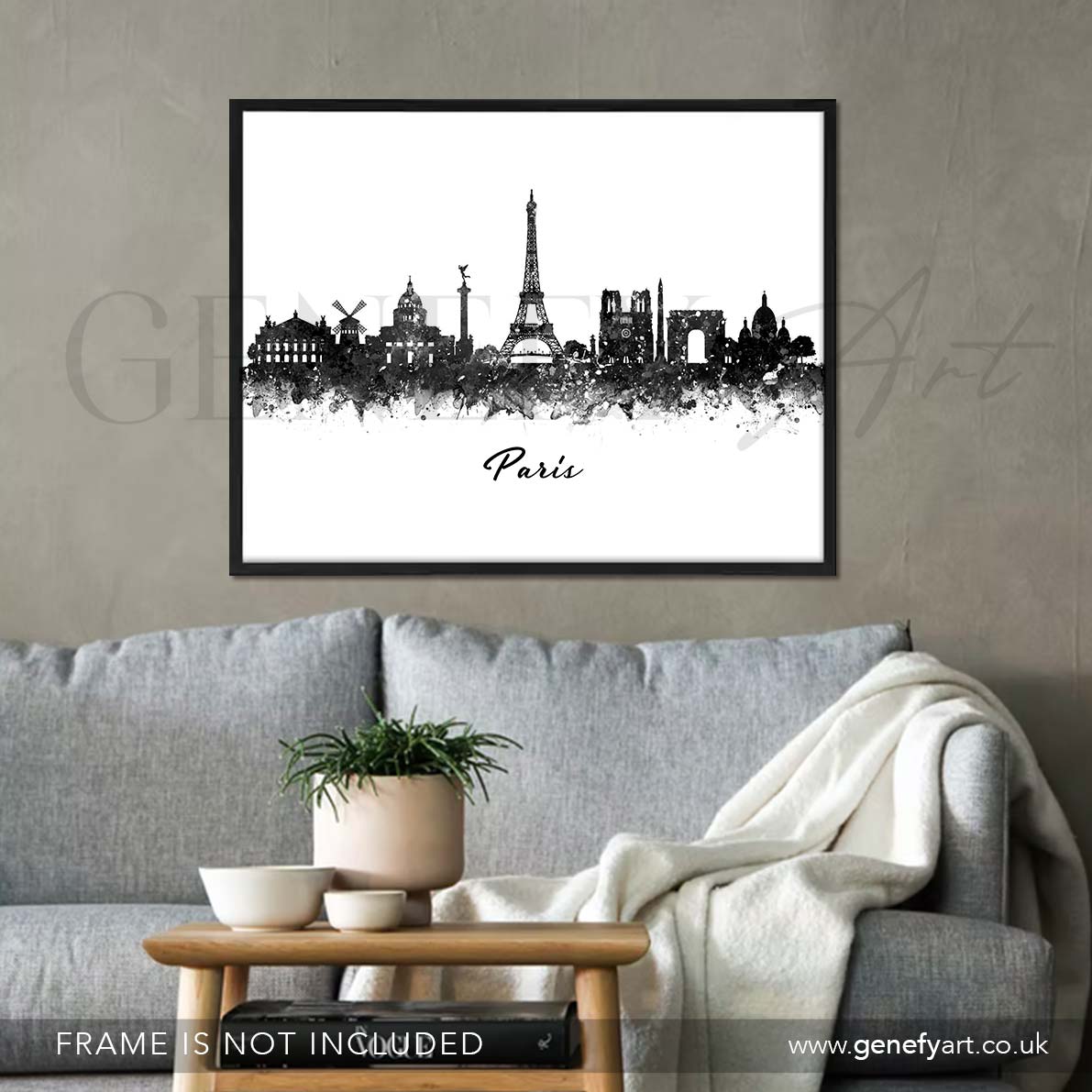 Paris Skyline Black and White Watercolour Print - Genefy Art