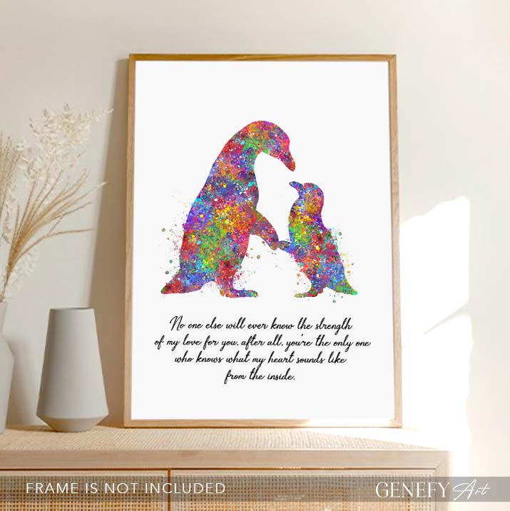 Penguin Mother and Baby Quote Watercolour Art