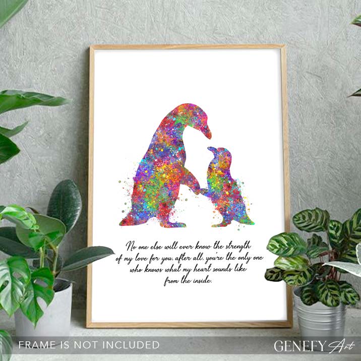Penguin Mother and Baby Quote Watercolour Art