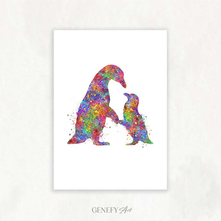 Penguin Mother and Baby Watercolour Art