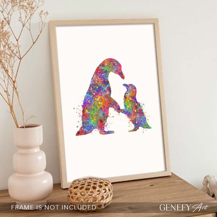 Penguin Mother and Baby Watercolour Art