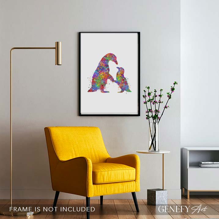 Penguin Mother and Baby Watercolour Art