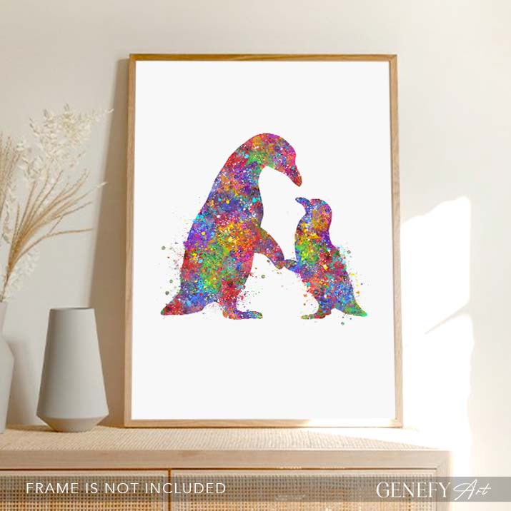 Penguin Mother and Baby Watercolour Art