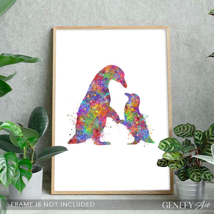 Penguin Mother and Baby Watercolour Art