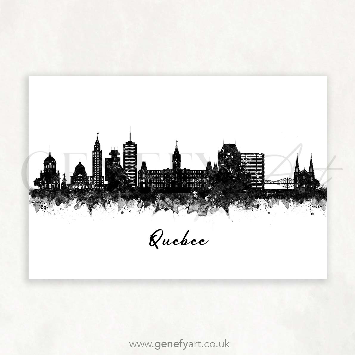 Quebec Skyline Black and White Watercolour Print - Genefy Art