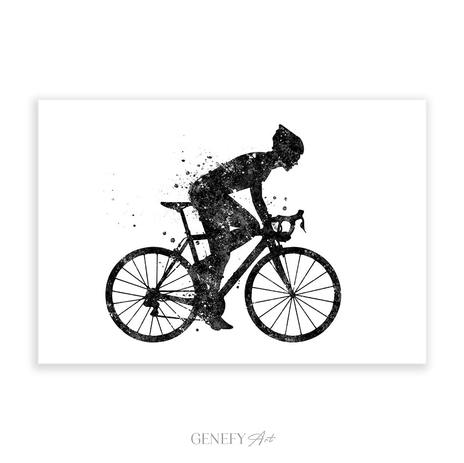 Road Cyclist Black and White Watercolour Art Print