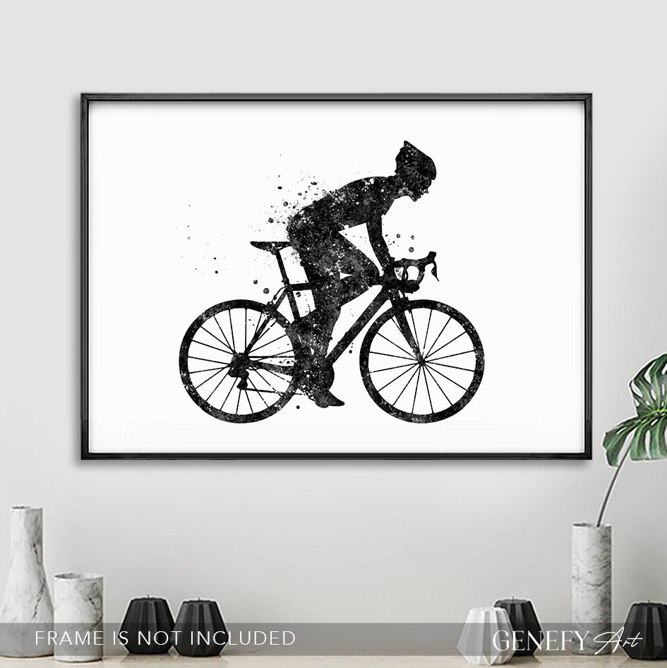 Road Cyclist Black and White Watercolour Art Print