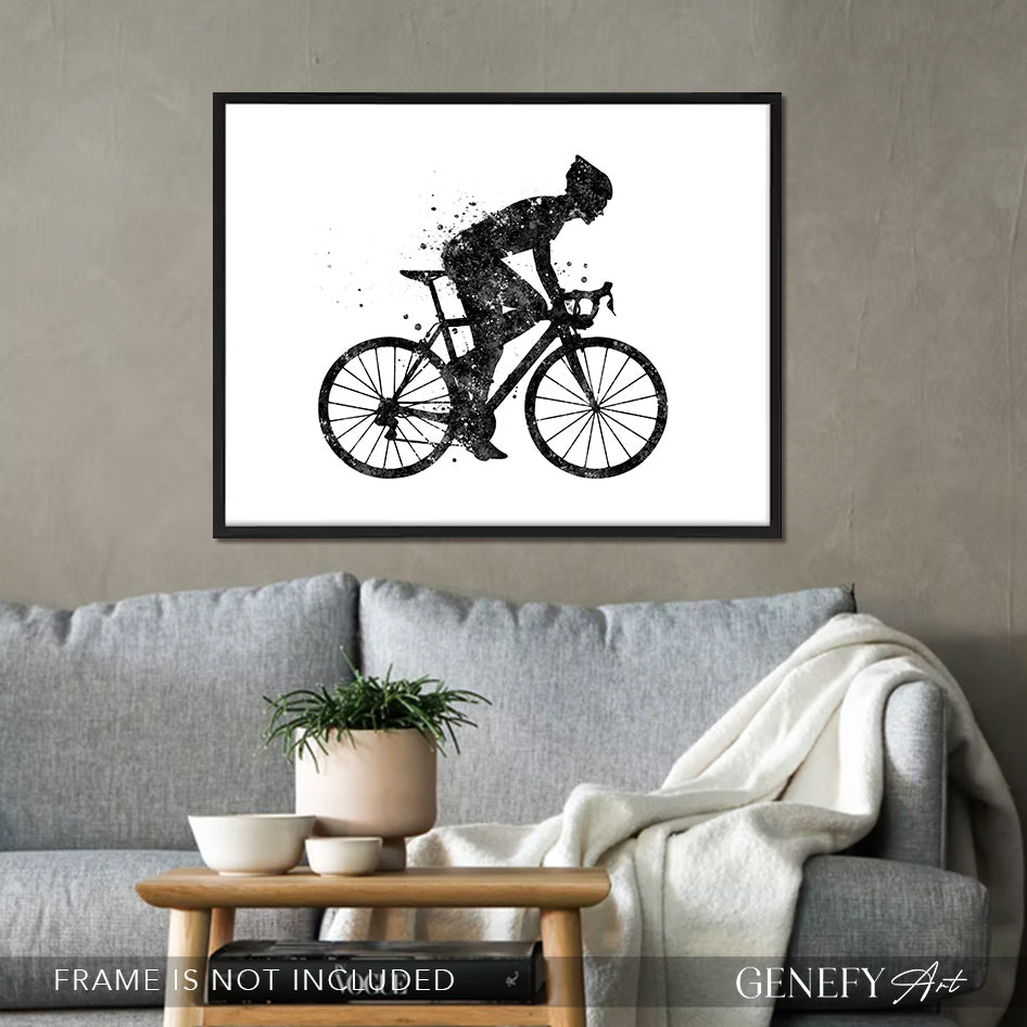 Road Cyclist Black and White Watercolour Art Print