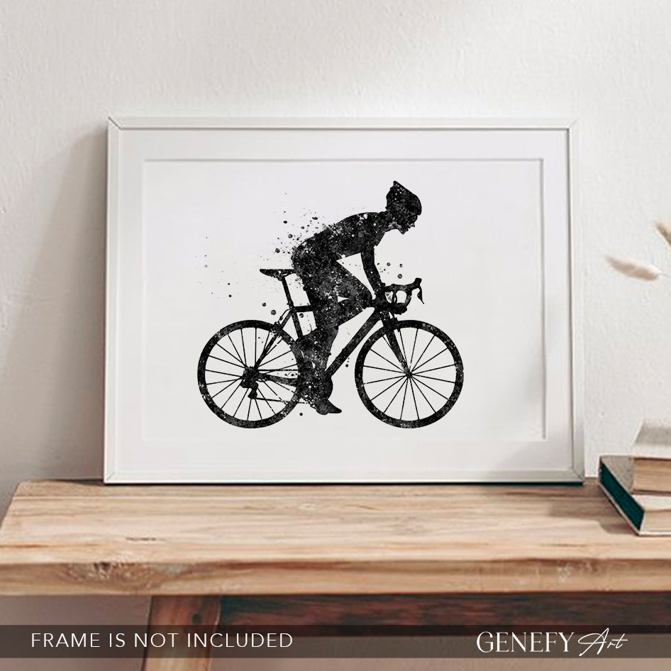 Road Cyclist Black and White Watercolour Art Print