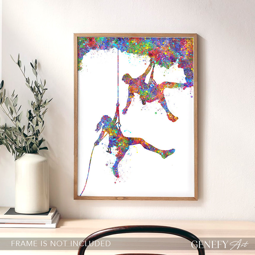 Rock Climbing Couple Watercolour Print