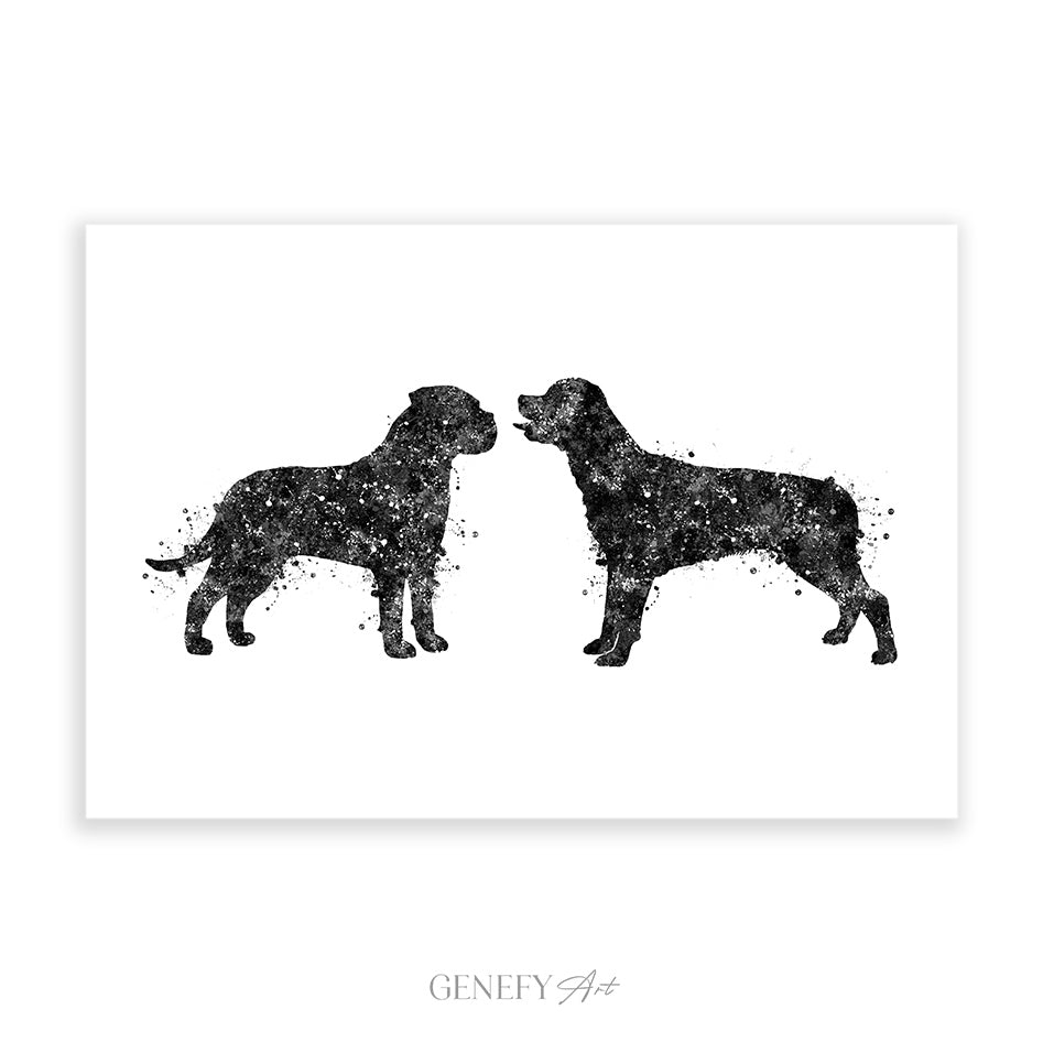 Rottweiler and Bullmastiff Black and White Watercolour Print