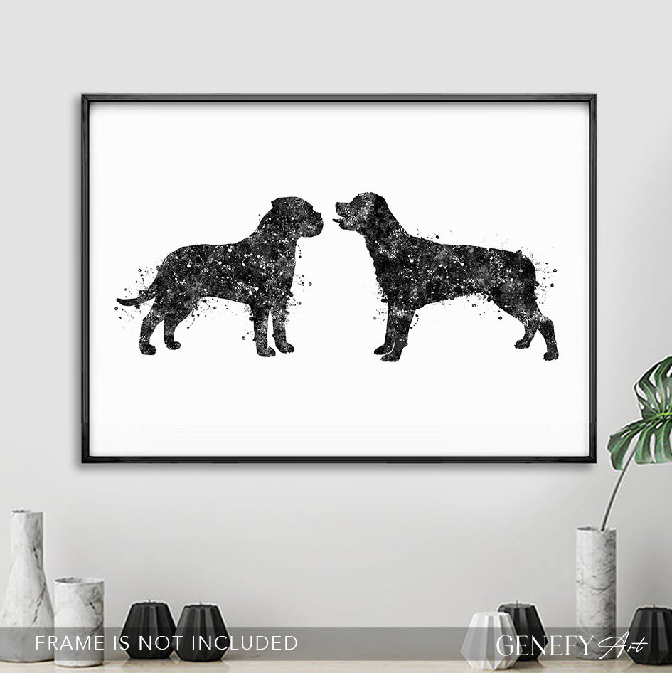 Rottweiler and Bullmastiff Black and White Watercolour Print