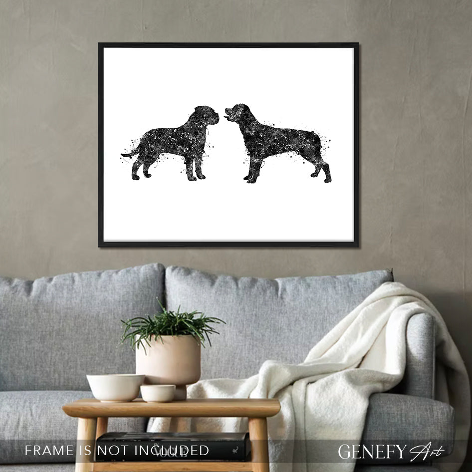 Rottweiler and Bullmastiff Black and White Watercolour Print
