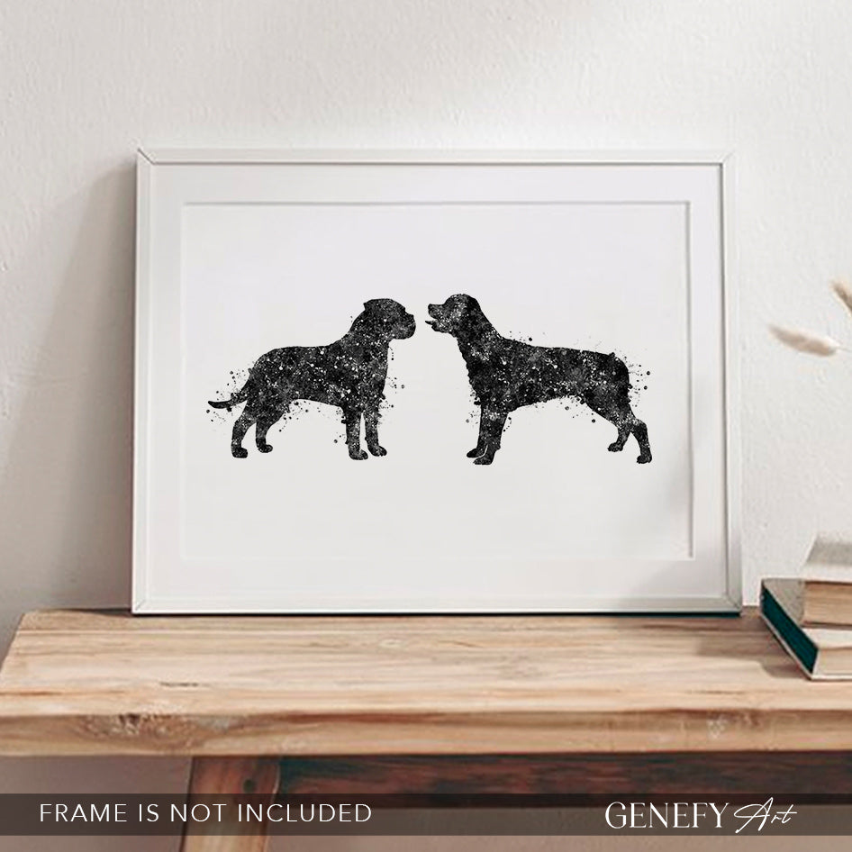 Rottweiler and Bullmastiff Black and White Watercolour Print