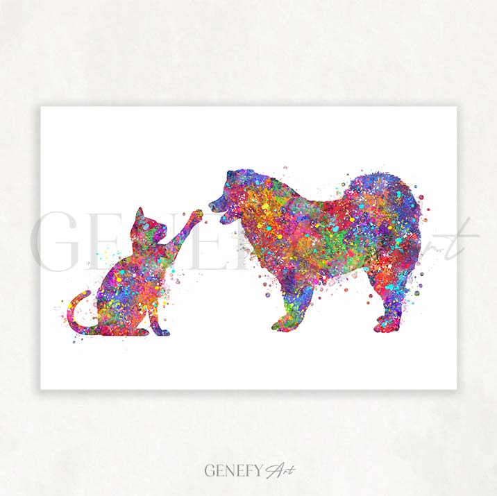 Cat and Samoyed Watercolour Print