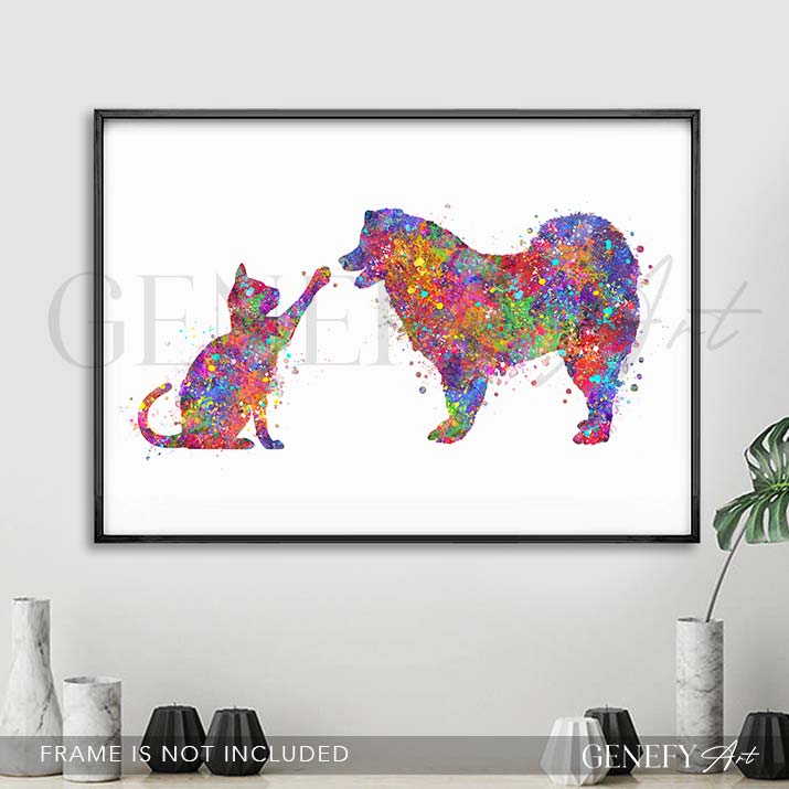 Cat and Samoyed Watercolour Print