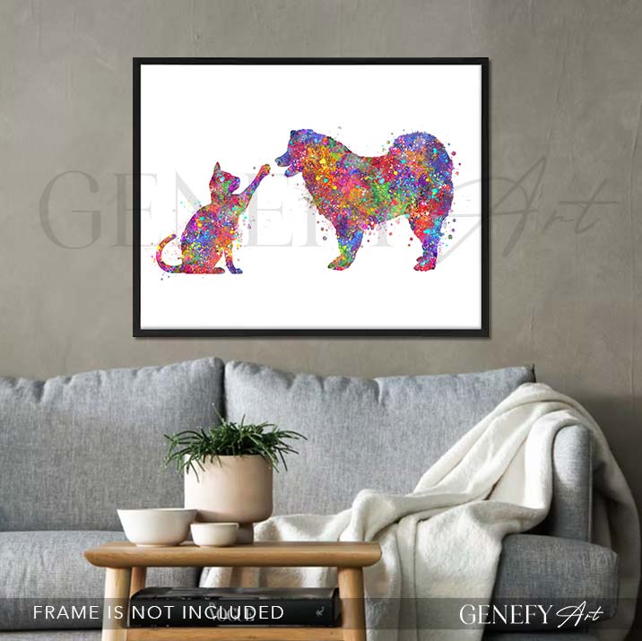 Cat and Samoyed Watercolour Print