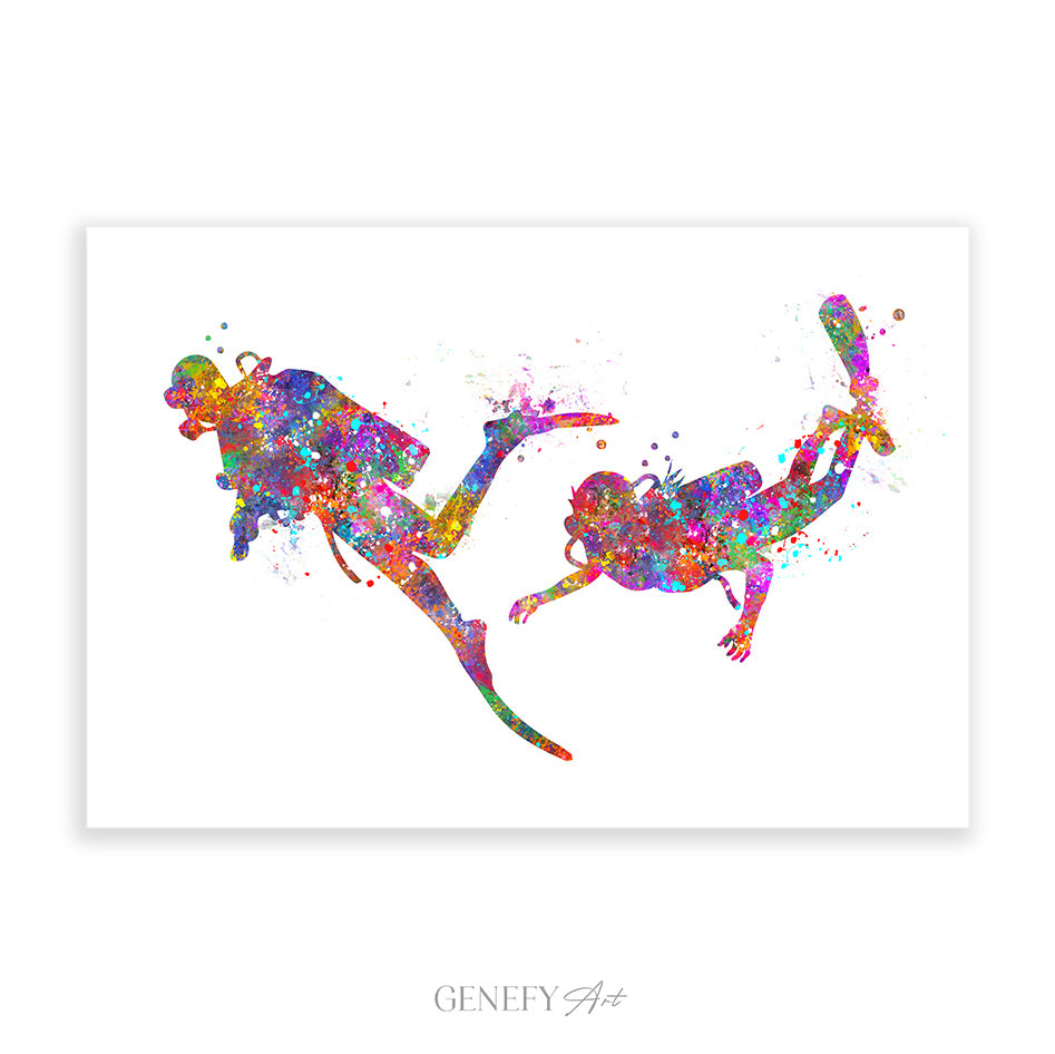Scuba Diving Couple Watercolour Art Print