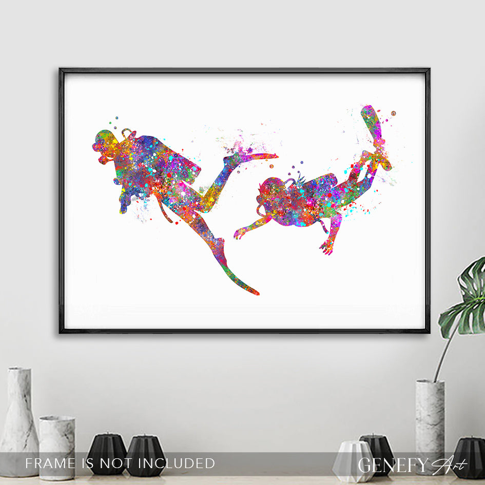 Scuba Diving Couple Watercolour Art Print