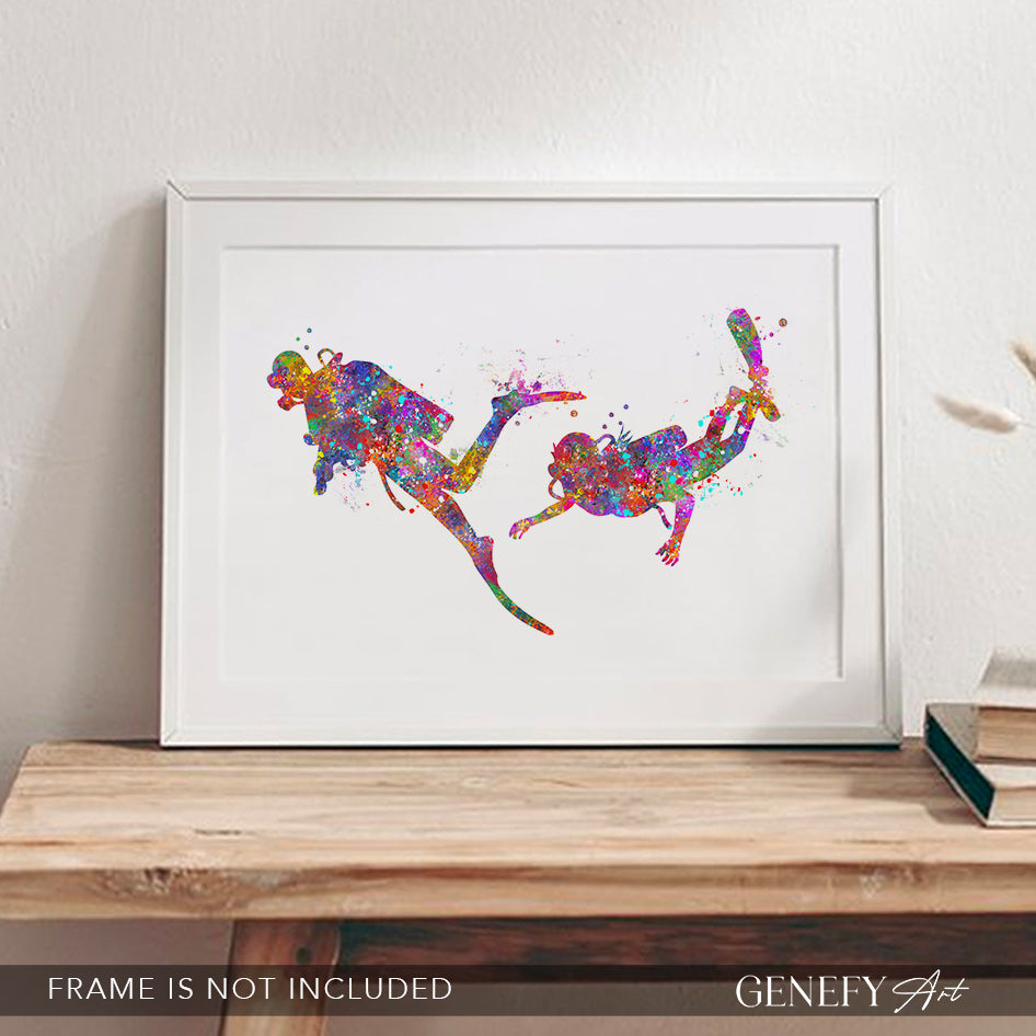 Scuba Diving Couple Watercolour Art Print