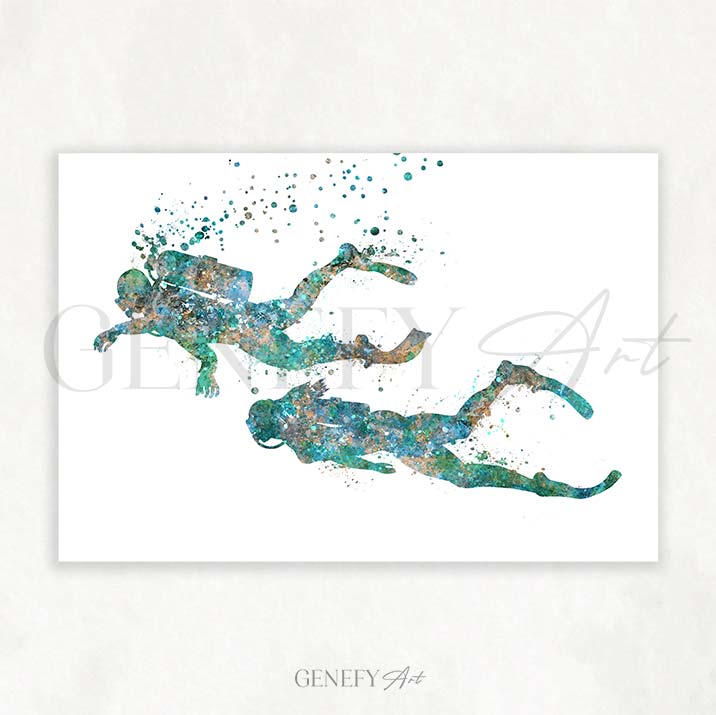 Scuba Diving Couple Watercolour Print