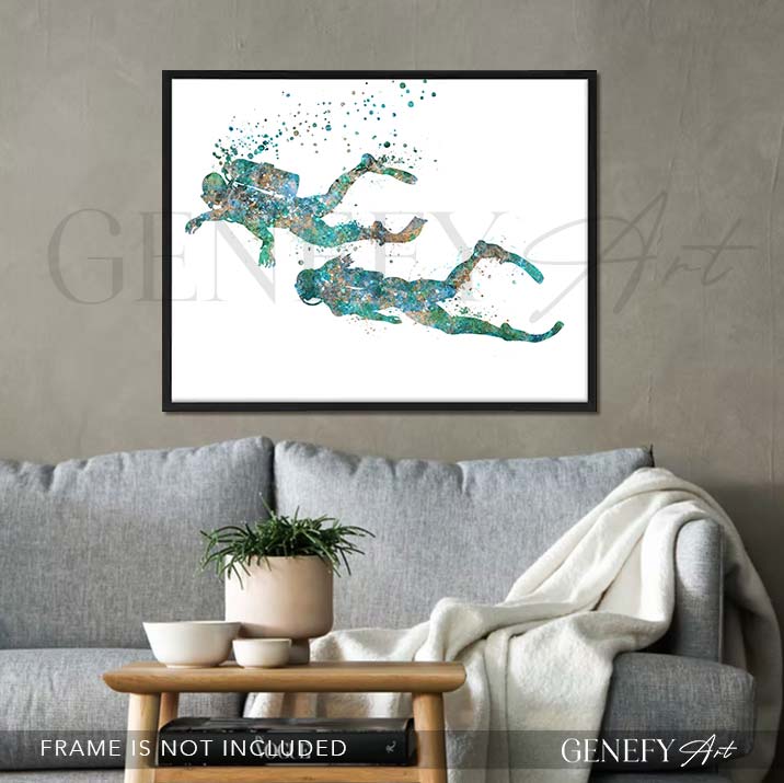 Scuba Diving Couple Watercolour Print