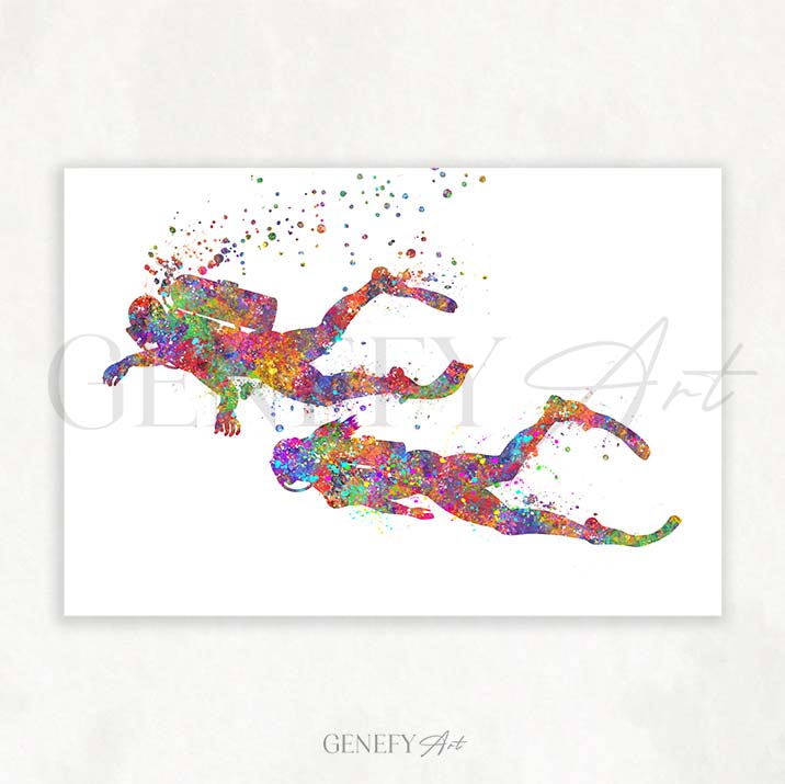 Scuba Diving Couple Watercolour Print