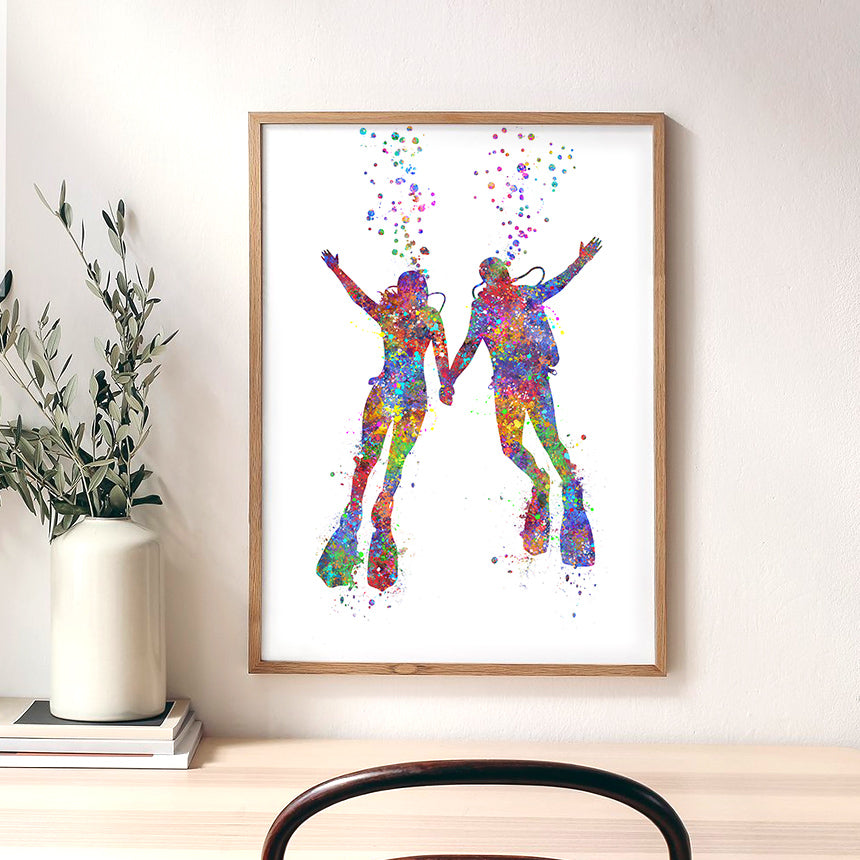 Scuba Diving Couple Watercolour Art Print