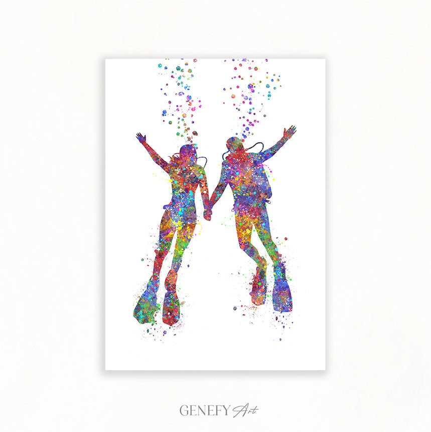 Scuba Diving Couple Watercolour Art Print
