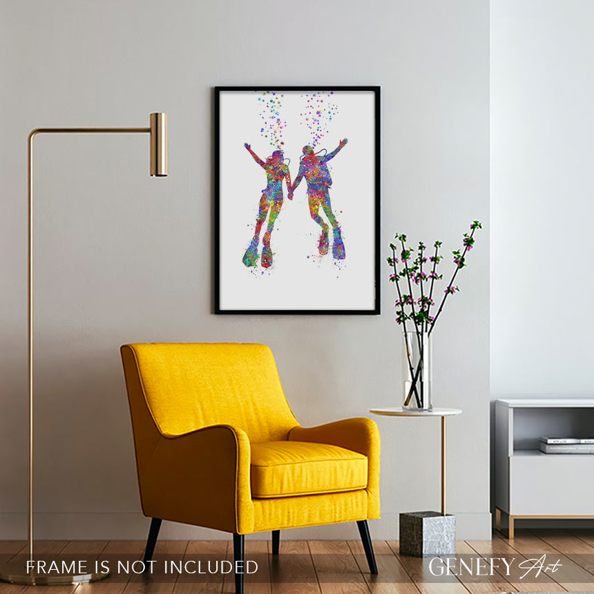 Scuba Diving Couple Watercolour Art Print
