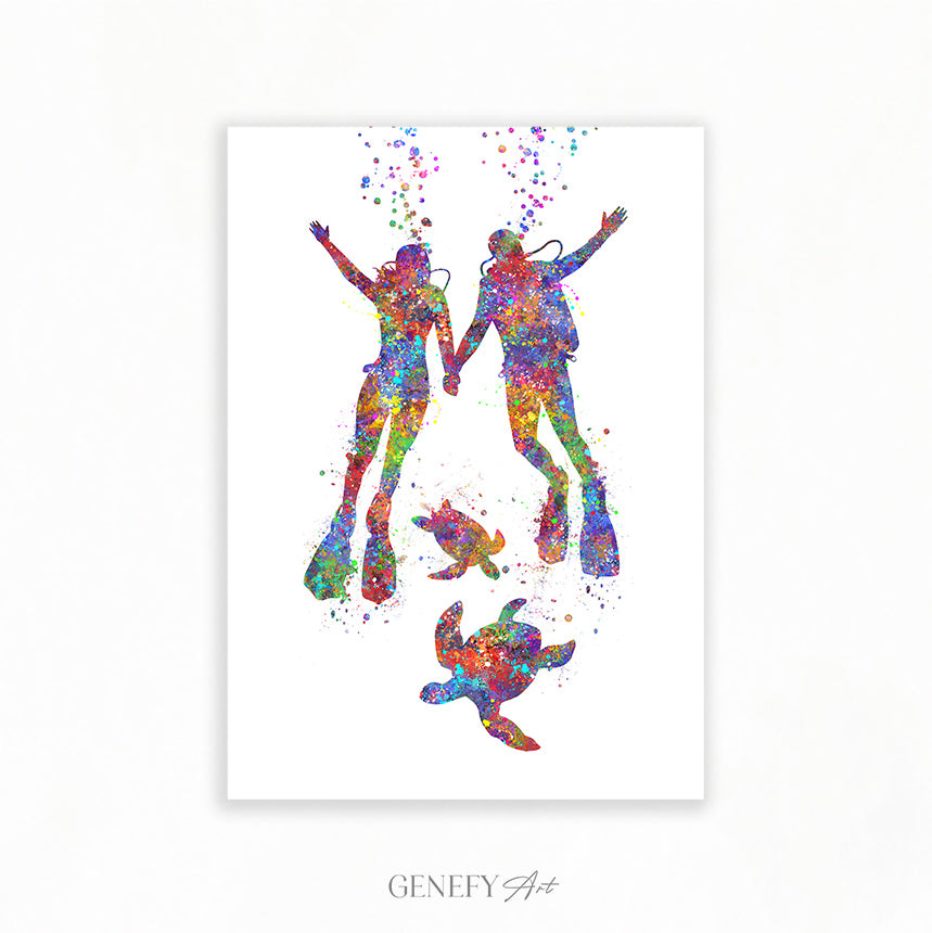 Scuba Diving Couple With Sea Turtles Art Print