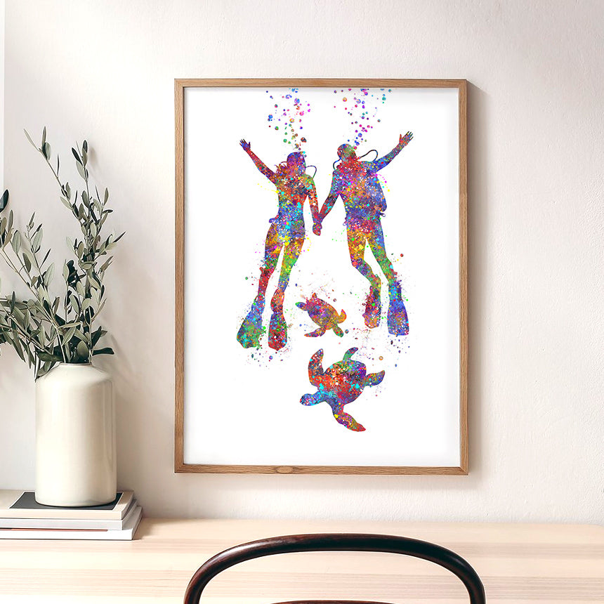 Scuba Diving Couple With Sea Turtles Art Print