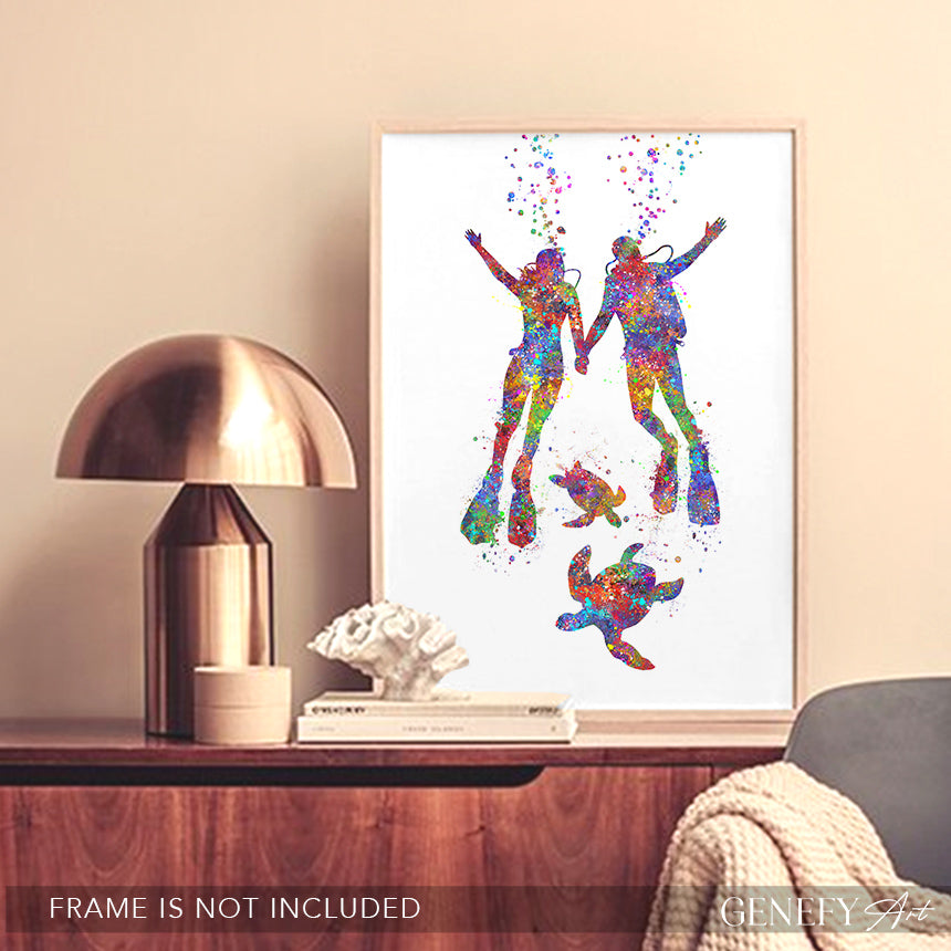 Scuba Diving Couple With Sea Turtles Art Print